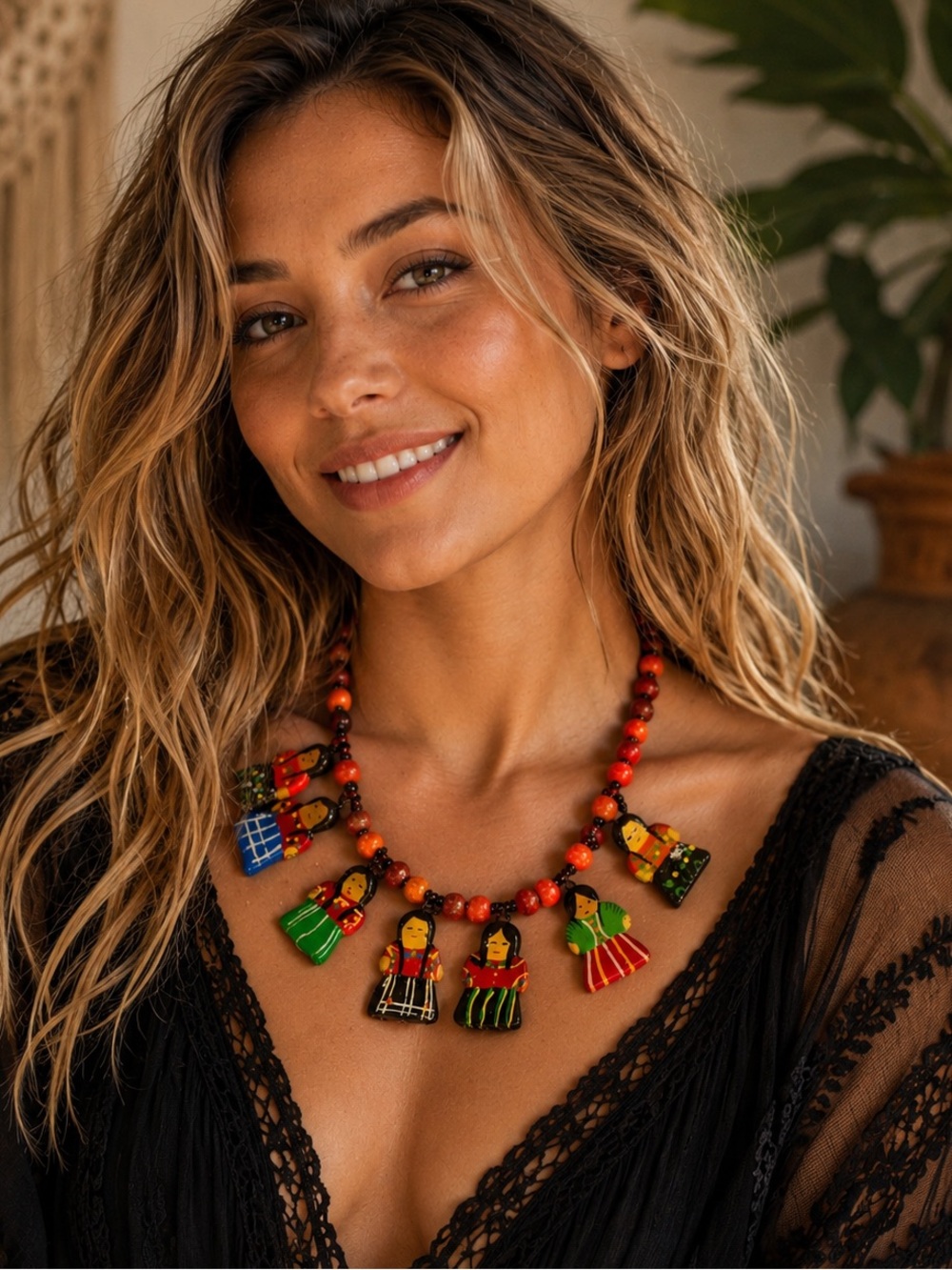 Authentic Guatemalan Worry Doll Necklace – Boho Hand-Painted Ceramic Beads